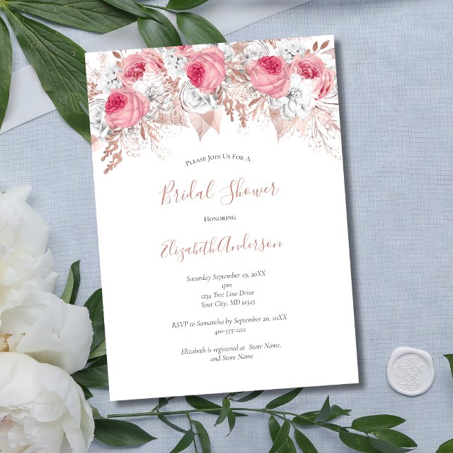 Rosa Weißrosen Gold Floral Trendy Brautparty Einladung (Pink White Rose Gold Floral Bridal Shower Invitation. Digital or Printed)