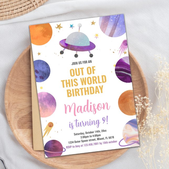 Rosa Weltraum Geburtstagseinladungen Einladung (Pink Outer Space Birthday Invitations)