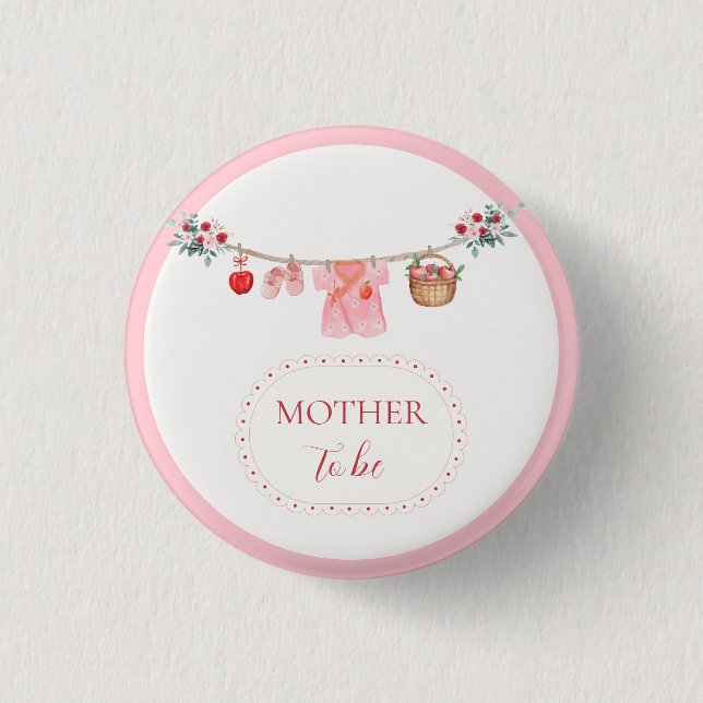 Rosa werdende Mutter Apfel Wäscheleine Baby Shower Button (Vorderseite)