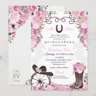 Rosa Western Charra Ranchero Quinceanera Einladung