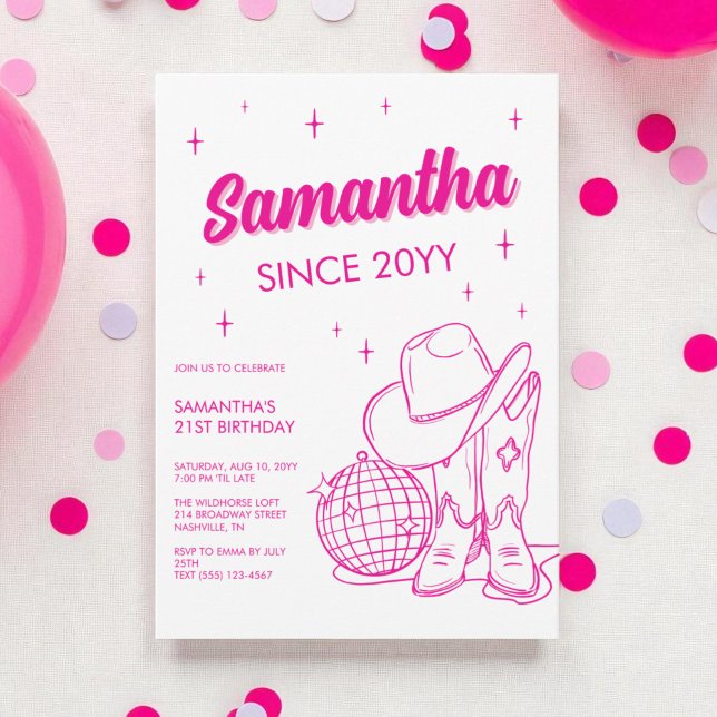 Rosa Western Country Disco 21. Geburtstag Party Einladung (Pink Western Country Disco 21st Birthday Party Invitation)