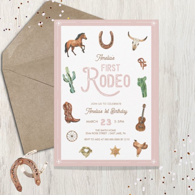 Rosa Western First Birthday Rodeo Baby Girl Einladung (Von Creator hochgeladen)