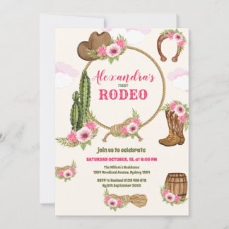 Rosa Western First Birthday Rodeo Baby Girl Einladung