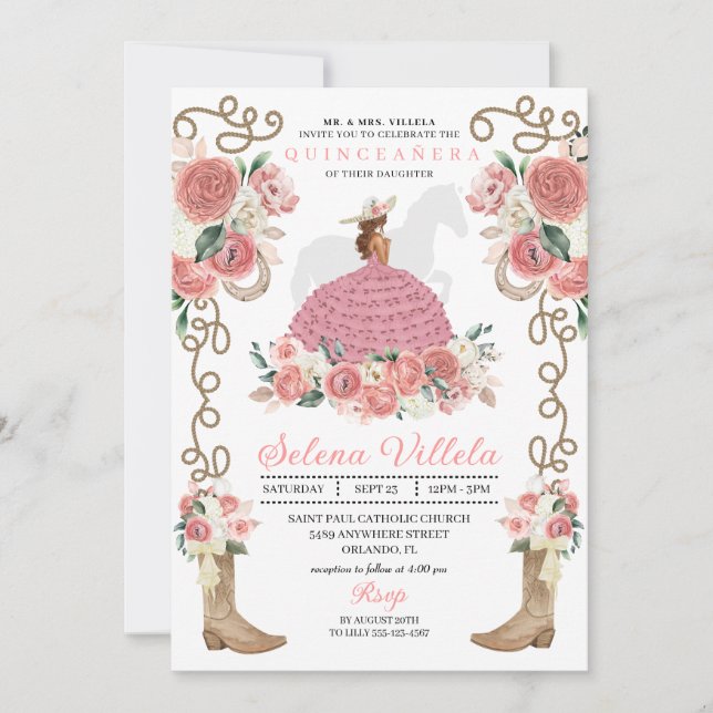 Rosa Western Mariachi Charro Princess Quinceañera Einladung (Vorderseite)