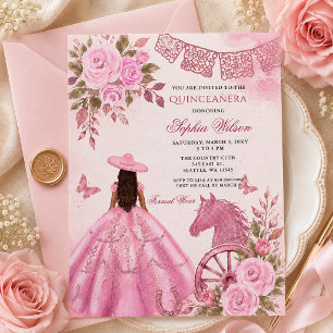 Rosa Western-Pferd-Blumen-Charra-Quinceañera Einladung