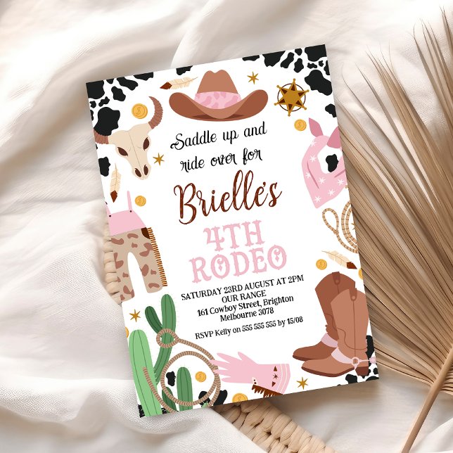 Rosa Western Wild West 4. Rodeo Geburtstag Einladung (4th Rodeo Cowgirl Birthday Party Invitation Wild West Cowgirl Fourth Rodeo Editable Template)