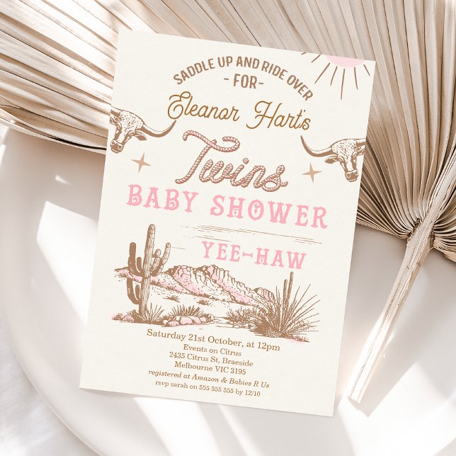 Rosa Western Wüste Rodeo Twins Kinderdusche Einladung (Wild West Western Twin Girls Baby Shower Invitation, Rodeo Western Desert Twins Baby Shower Invite )