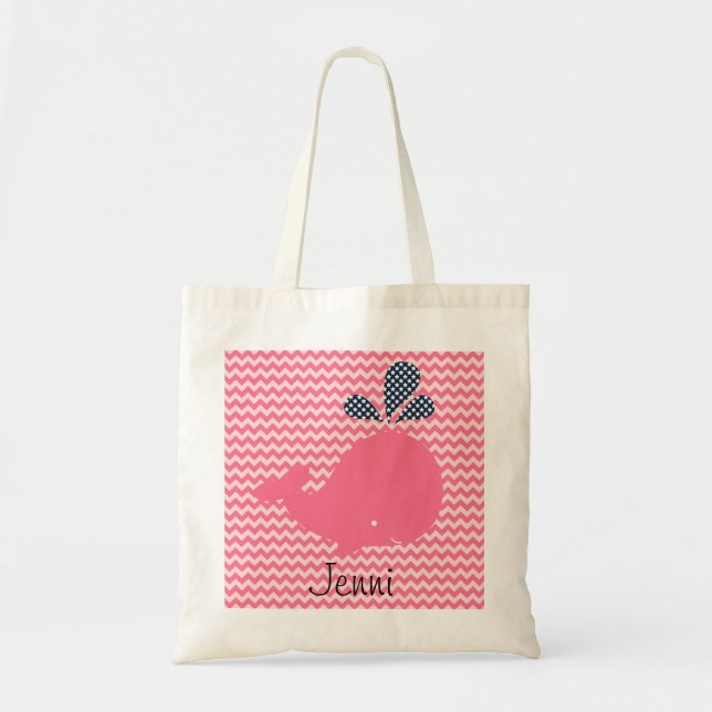 Rosa Whale auf rosa Zickzack Streifen Custom Bag Tragetasche (Vorne)