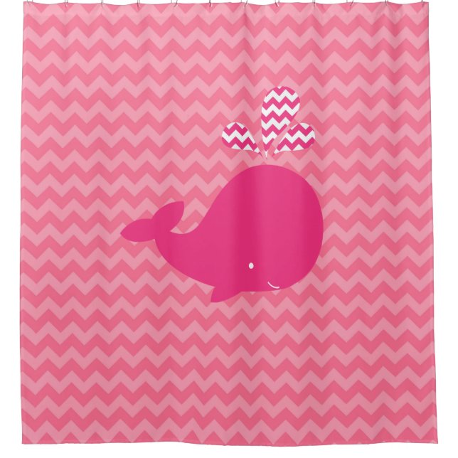 Rosa Whale auf rosa Zickzack Streifen Duschvorhang (Vorderseite)