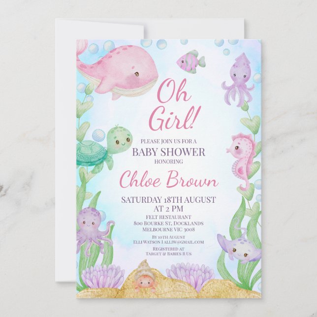 Rosa Whale Girls unter der Sea Baby Dusche Einladung (Vorderseite)