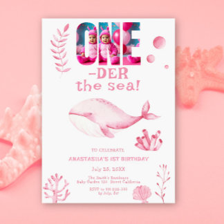 Rosa Whale Oneder See 1. Geburtstag Einladung