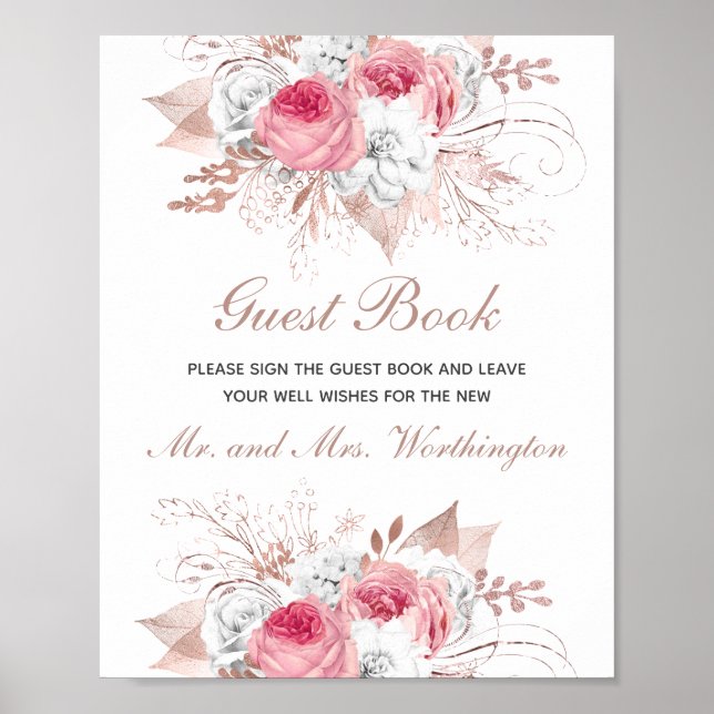 Rosa White Rose Gold Floral Wedding Gästebuch (Vorne)