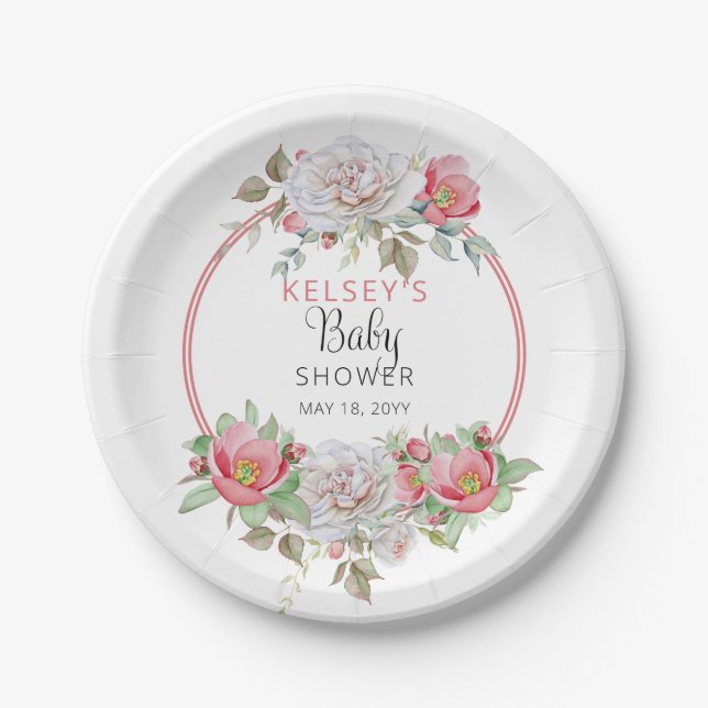 Rosa | White Sweet Floral Blooms Girl Baby Dusche Pappteller (Vorderseite)