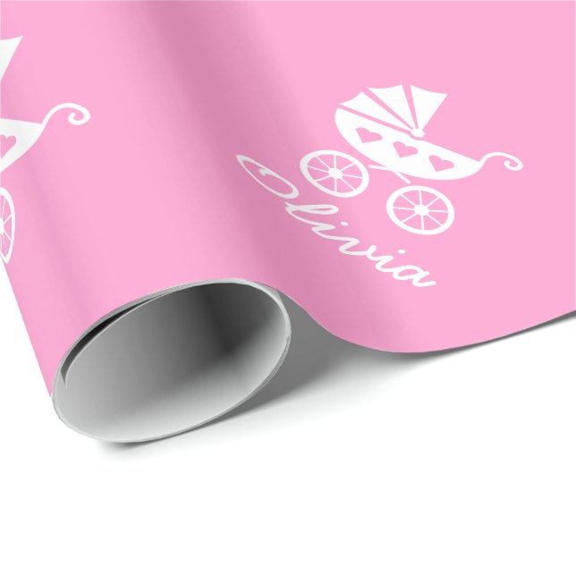 Rosa Wickelpapier mit niedlichem Babywagen Geschenkpapier (Rolleneckpunkt)