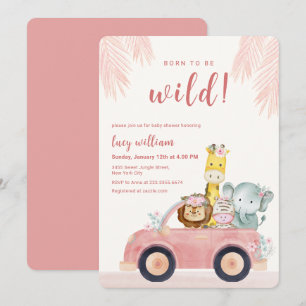 Rosa Wild Geboren Safari-Tiere Baby-Party Einladung