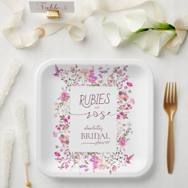 Rosa Wildblume Brautparty Papierplatte Pappteller (Hochzeit)