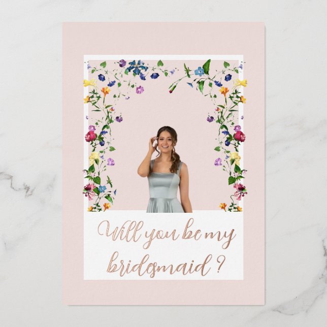 Rosa Wildblume Bridesmaid Folieneinladung (Vorderseite)