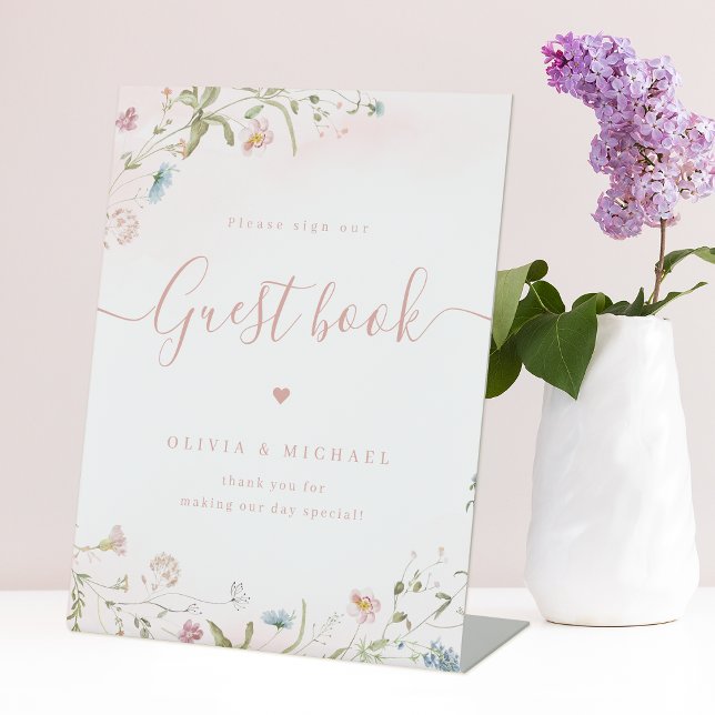 Rosa Wildblume Drehbuch rustikales Gästebuch Sockelschild (Pink Wildflower script rustic Wedding Guest Book Pedestal Sign)