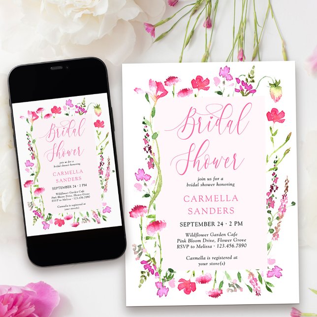 Rosa Wildblume Elegante Feminine Brautparty Einladung (Bridal Shower Invitation from my Pink Wildflower Collection. )