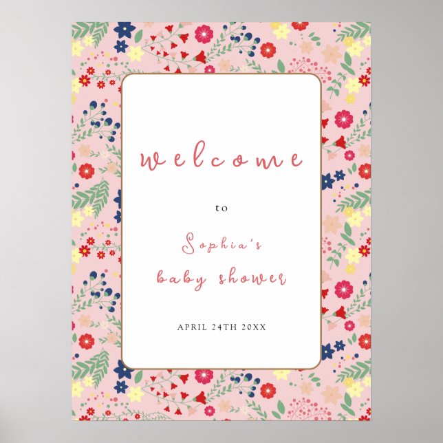 Rosa Wildblume Frame Girl Babydusche Willkommen Poster (Vorne)