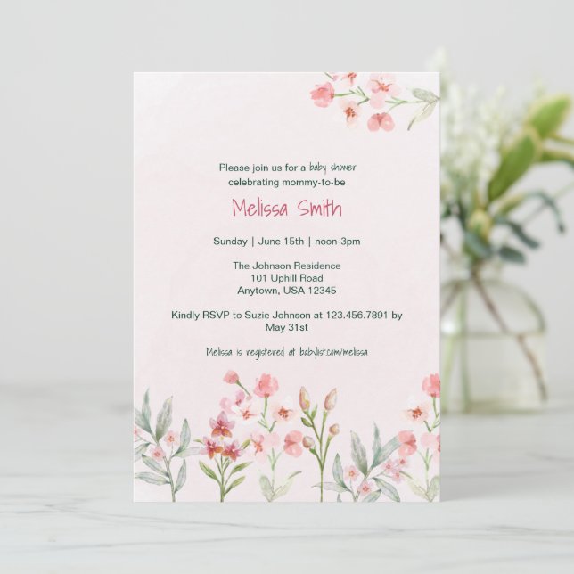 Rosa Wildblume Garden Kinderdusche Einladung (Stehend Vorderseite)