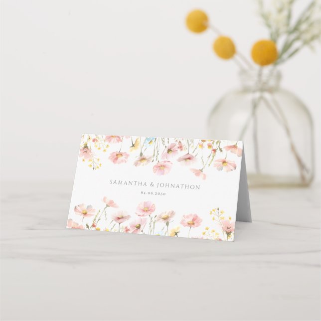 Rosa Wildblume Hochzeitsgefaltete Platzkarte (Rückseite)