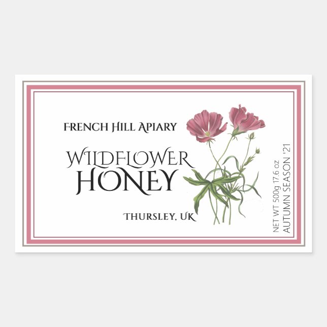 Rosa Wildblume Honey Label (Datum der Ernte) Rechteckiger Aufkleber (Vorderseite)