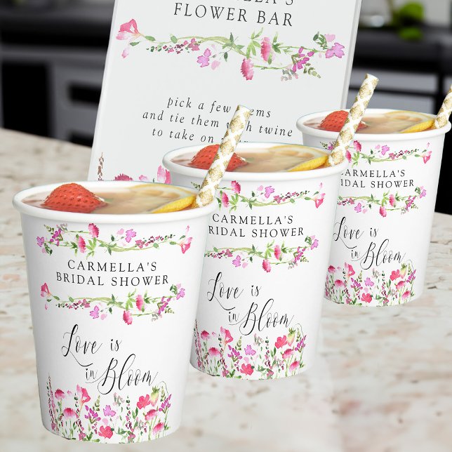 Rosa Wildblume Liebe ist im Bloom Brautparty Pappbecher (Love is in Bloom pretty pink floral paper cups from my Pink Wildflower Bridal Shower collection)