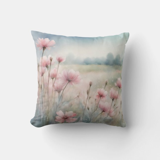 Rosa Wildblume Meadow | Aquarellfarbene Blume Kissen (Vorderseite)