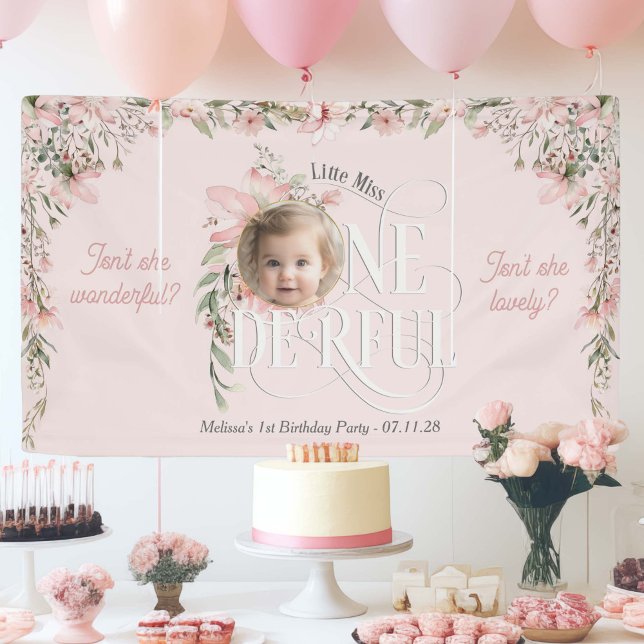 Rosa Wildblume Miss Onederful Girl 1. Geburtstag Banner (Pink Baby Girl 1st birthday backdrops, Miss Onederland WIldflower Themed birthday decor with photo.)