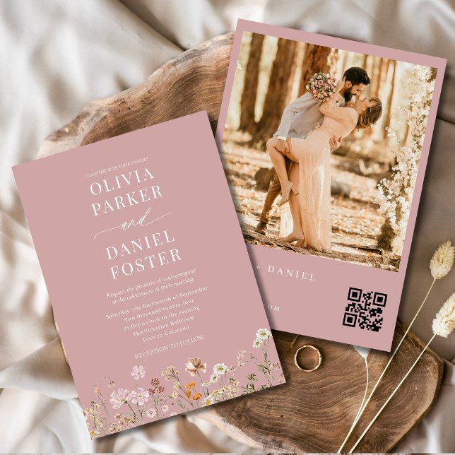 Rosa Wildblume QR Code Foto Boho Wedding Einladung (Von Creator hochgeladen)