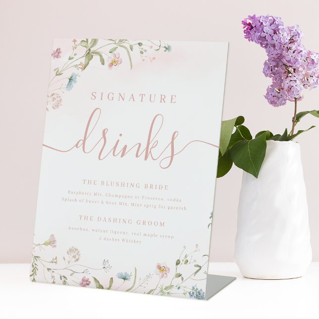 Rosa Wildblume rustikale Hochzeitspriorgetränke Sockelschild (Pink Wildflower rustic Wedding Signature Drinks Pedestal Sign)