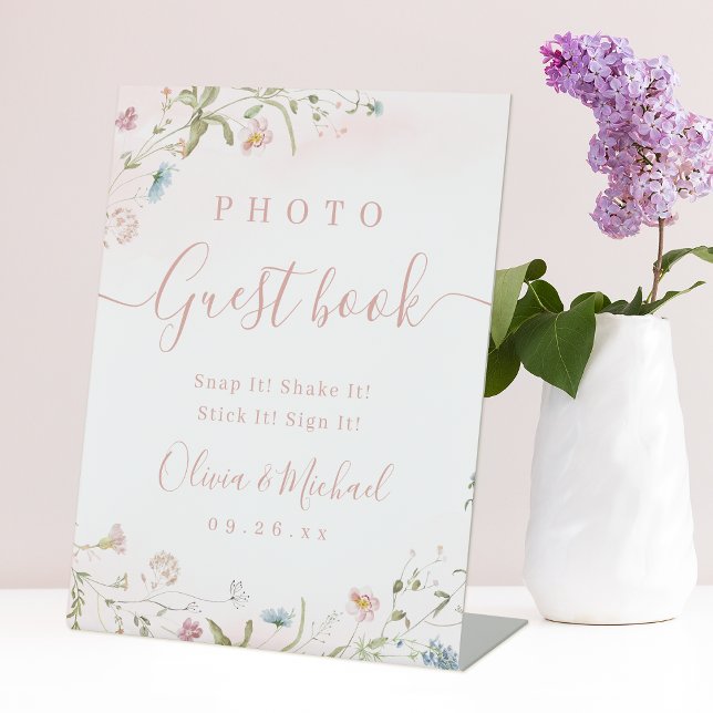 Rosa Wildblume rustikales Gästebuch für Hochzeiten Sockelschild (Pink Wildflower rustic Wedding Photo Guest Book Pedestal Sign)