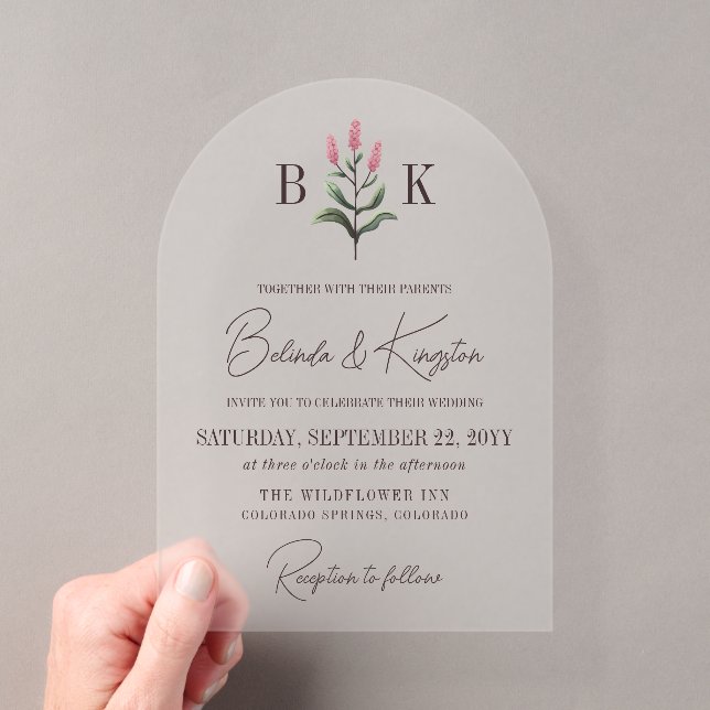 Rosa Wildblume Sprig Monogram Wedding Acryleinladungen (Insitu (Handheld))
