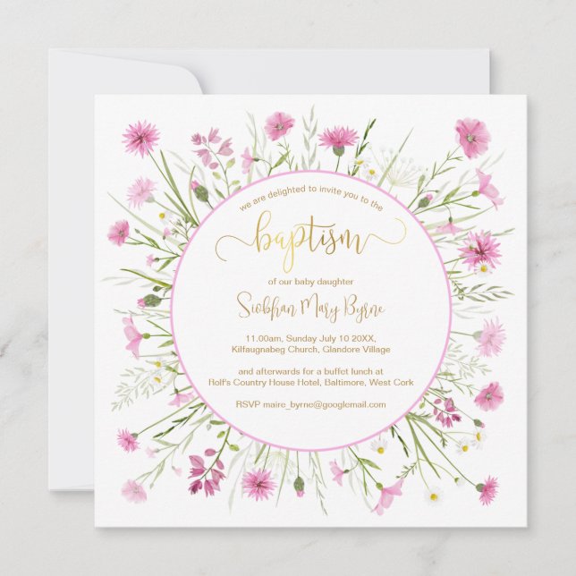 Rosa Wildblume Taufkarte Gold Schriftart Einladung (Vorderseite)