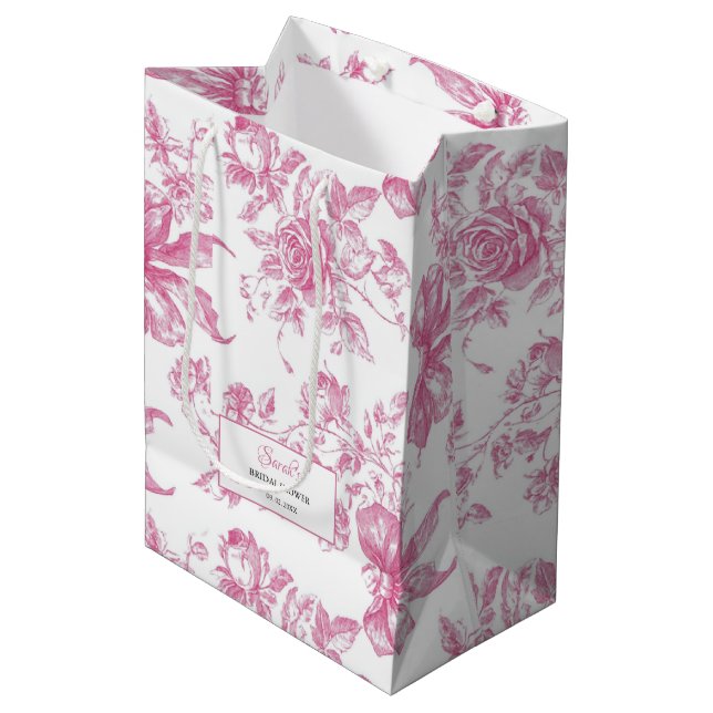 Rosa Wildblume Tee Brautparty Mittlere Geschenktüte (Vorderseite Schrägansicht)