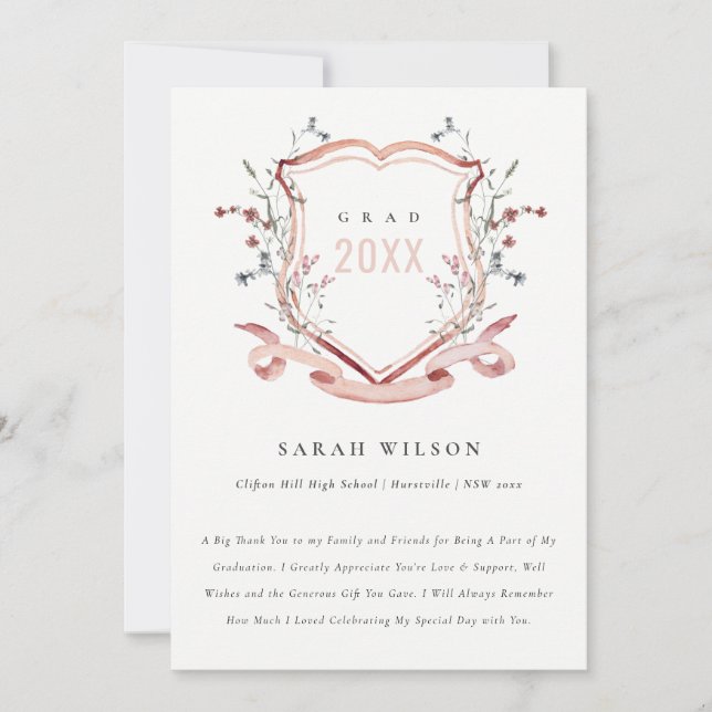 Rosa Wildblume Wasserfarbe Wappen Abschluss Dankeskarte (Vorderseite)