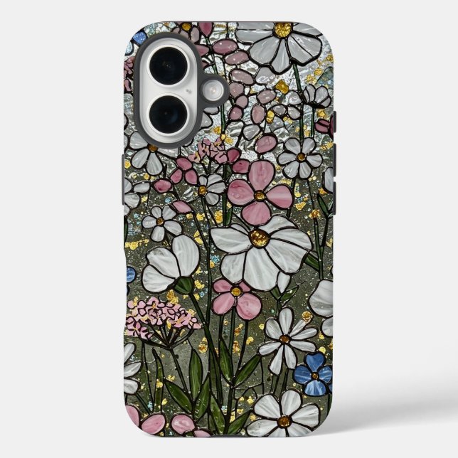 Rosa Wildblumen aus weißem Gold iPhone 16 Hülle (Rückseite)