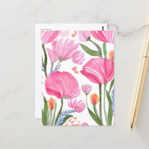 Rosa Wildblumen   Florale Aquarellmalerei Postkarte
