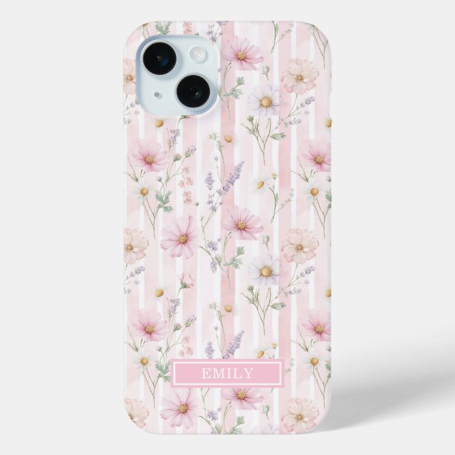 Rosa Wildblumen gestreift monogrammiert Case-Mate iPhone Hülle (Rückseite)