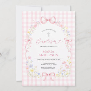 Rosa WILDBLUMEN-Gingham-Blumen-Tauf-Einladung Einladung