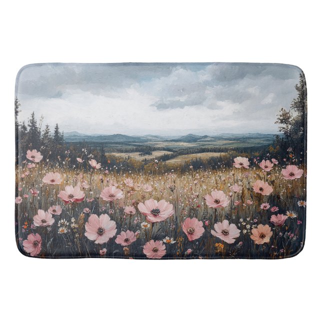 Rosa Wildblumen Landschaft Badematte (Vorderseite)