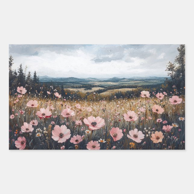 Rosa Wildblumen Landschaft Rechteckiger Aufkleber (Vorderseite)
