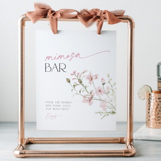 Rosa Wildblumen Liebe ist in Bloom Mimosa Bar Sockelschild (Blush pink floral mimosa bar sign)