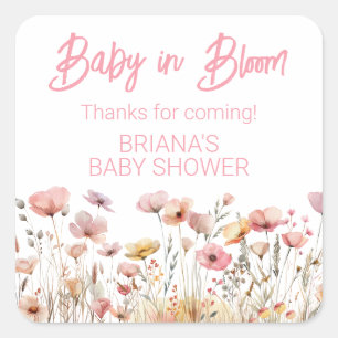 Rosa Wildblumen Mädchen Baby Shower Geschenk Quadratischer Aufkleber