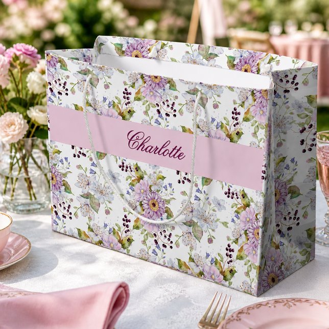 Rosa Wildblumen-Monogramm-Blumendesign Große Geschenktüte (Pink Wildflower Monogram Floral Design Large Gift Bag)