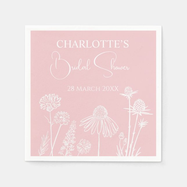 Rosa Wildblumen Sketch-Brautparty Serviette (Vorderseite)