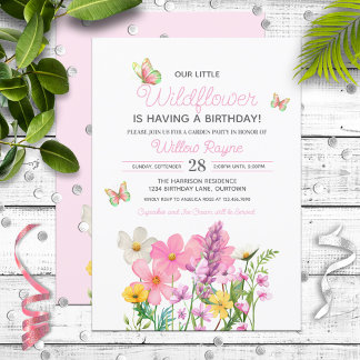 Rosa Wildblumen Thema Mädchen Geburtstag Einladung
