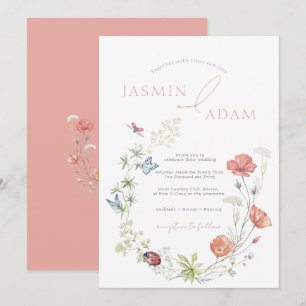 Rosa Wildblumen und Schmetterlinge Hochzeiten Einladung