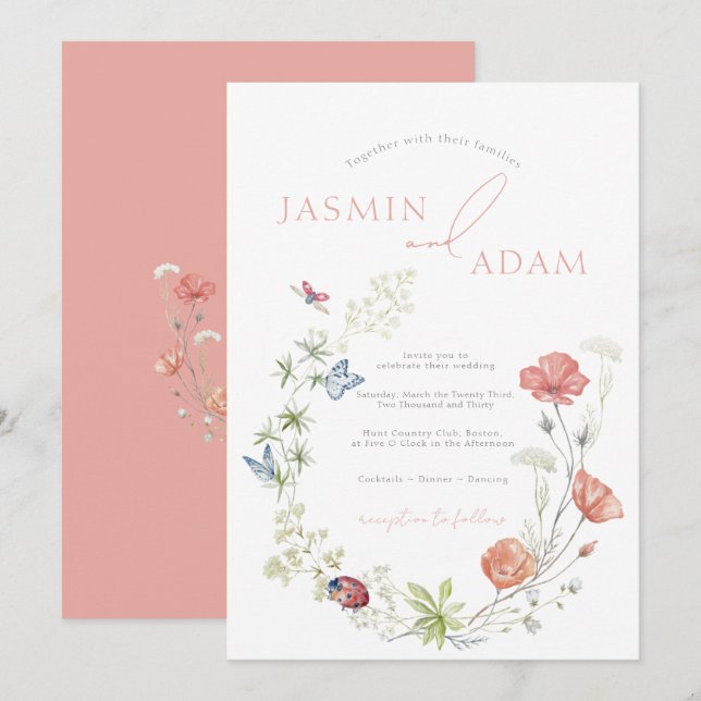 Rosa Wildblumen und Schmetterlinge Hochzeiten Einladung (Vorne/Hinten)